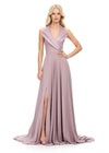 Taupe ASHLEYlauren 11753 chiffon gown with structured halter neckline, A-line skirt, and elegant right leg slit — the perfect blend of edge and grace.