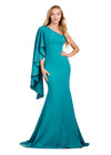 Teal ASHLEYlauren 11421 Classic One Shoulder Fitted Scuba Gown with Dramatic Ruffle Capelet Adorned in Press On Stones