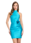 Teal ASHLEYlauren 4802 Mikado A-Line Dress with Halter Neckline, Ruched Skirt, and 3D Floral Accent