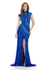 TurquoiseRoyal ASHLEYlauren 11807 Fully Beaded Gown with High Neckline, Cap Sleeves, and Center Slit