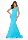 Turquoise ASHLEYlauren 11025 off shoulder scuba gown featuring a sweetheart neckline, signature crisscross strappy back, fitted silhouette, and a sweep train for an elegant and sophisticated look.