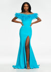 Turquoise ASHLEYlauren 11099 Fully Beaded Gown with One-Shoulder Design, Intricate Beading, and High Slit for a Glamorous Look