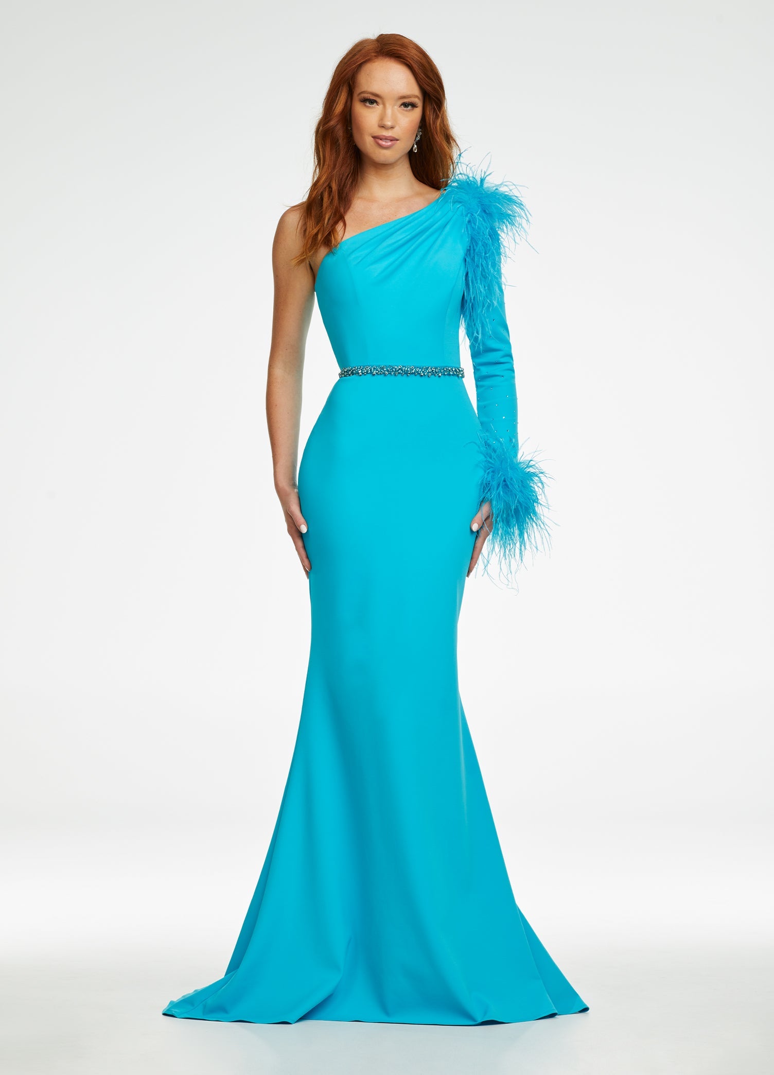 Turquoise ASHLEYlauren 11131 One-Shoulder Scuba Gown with Feather Details, Heat-Set Stones, Crystal Belt, and Elegant Train