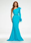 Turquoise ASHLEYlauren 11131 One-Shoulder Scuba Gown with Feather Details, Heat-Set Stones, Crystal Belt, and Elegant Train