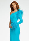 Turquoise ASHLEYlauren 11131 One-Shoulder Scuba Gown with Feather Details, Heat-Set Stones, Crystal Belt, and Elegant Train