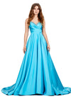 Turquoise ASHLEYlauren 11267 stunning A-line gown featuring delicate spaghetti straps, a sweetheart neckline, eye-catching crystal trim, and asymmetrical ruching on the bustier to accentuate your curves for a glamorous and sophisticated look.