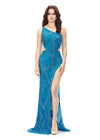 Turquoise ASHLEYlauren 11280 daring one shoulder gown featuring an intricate bead pattern, scattered fringe accents, bold side cut outs, and a left leg slit for a striking and glamorous statement look.