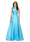 Turquoise ASHLEYlauren 11336 one shoulder ball gown in Mikado fabric, featuring feather-embellished neckline and a classic A-line skirt.
