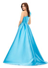 Back - Turquoise ASHLEYlauren 11336 one shoulder ball gown in Mikado fabric, featuring feather-embellished neckline and a classic A-line skirt.