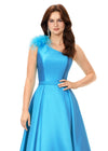 Turquoise ASHLEYlauren 11336 one shoulder ball gown in Mikado fabric, featuring feather-embellished neckline and a classic A-line skirt.