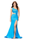 Turquoise ASHLEYlauren 11337 One Shoulder Fitted Jersey Gown Embellished with Heat Set Stones, Asymmetrical Shark Bite Cut Out, and Left Leg Slit