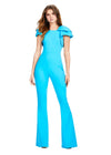 Turquoise ASHLEYlauren 11422 stylish scuba jumpsuit featuring a crew neckline and dramatic oversized bow sleeves for a bold and elegant look.