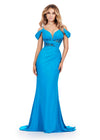 Turquoise ASHLEYlauren 11536 Jersey Gown with Spaghetti Straps, Off Shoulder Details, Corset Bustier, and Ruched Hip Design