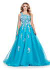 Turquoise ASHLEYlauren 11573 Romantic One Shoulder Organza Ball Gown with Intricate Sequin Appliqué, Open Back, and Draped Organza Cape
