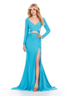 Turquoise ASHLEYlauren 11607 Unique Jersey Gown with V-Neckline, Long Sleeves, Crisscross Cut Out Wrap Bustier, Draped Fitted Skirt, and Left Leg Slit
