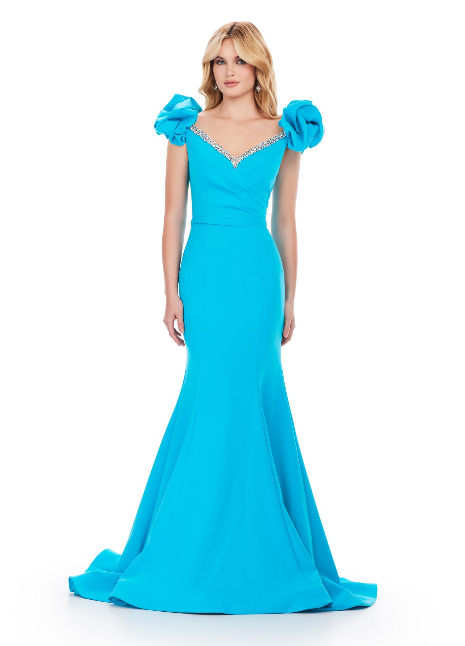 Turquoise ASHLEYlauren 11615 Scuba Gown with Beaded Trim Sweetheart Neckline, Puff Sleeves, V-Back, and Ruched Waist Detail