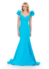 Turquoise ASHLEYlauren 11615 Scuba Gown with Beaded Trim Sweetheart Neckline, Puff Sleeves, V-Back, and Ruched Waist Detail