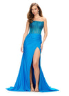 Turquoise ASHLEYlauren 11690 Glamorous Strapless Gown with Exposed Corset Boning Encrusted in Press On Stones, Ruched Skirt, and Left Leg Slit