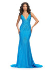 Turquoise ASHLEYlauren 11693 fitted jersey gown featuring a V-neckline, open back, and press-on stone embellishments for a sleek, glamorous, and timeless look.