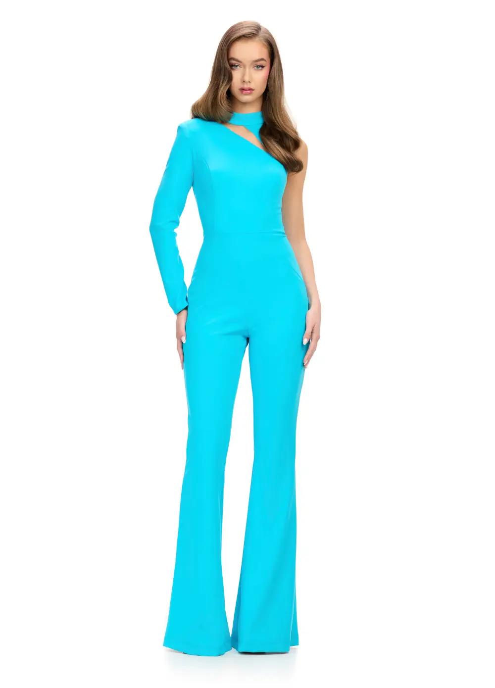 Turquoise ASHLEYlauren 11764 One Shoulder Scuba Jumpsuit with High Neckline, Single Sleeve, Glamorous Cut Out, and Sleek Silhouette