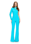 Turquoise ASHLEYlauren 11764 One Shoulder Scuba Jumpsuit with High Neckline, Single Sleeve, Glamorous Cut Out, and Sleek Silhouette