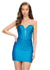 Turquoise ASHLEYlauren 4689 strapless jersey cocktail dress featuring a fully beaded corset bustier, illusion V-neckline, fitted skirt, and press-on stone embellishments for a glamorous and sophisticated look.
