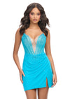 Turquoise ASHLEYlauren 4716 Cocktail Dress with Illusion V-Neckline, Corset Bustier, and Wrap Skirt