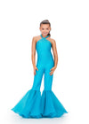 Turquoise ASHLEYlauren 8265 super sassy kids jersey jumpsuit featuring a halter neckline, heat-set stone embellishments, and flared organza bell-bottom pant legs for a bold and stylish look.