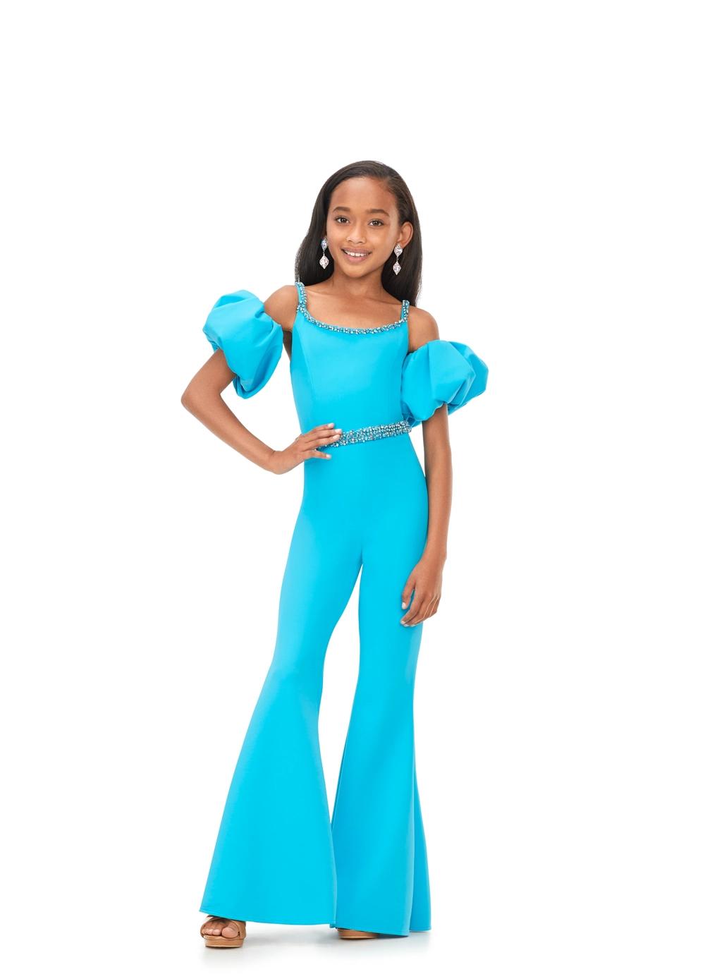 Turquoise ASHLEYlauren Kids 8164 stylish scuba jumpsuit featuring a crew neckline, off shoulder puff sleeves, beaded neckline and waistband for a perfect blend of classy and fabulous.
