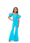Turquoise ASHLEYlauren Kids 8164 stylish scuba jumpsuit featuring a crew neckline, off shoulder puff sleeves, beaded neckline and waistband for a perfect blend of classy and fabulous.