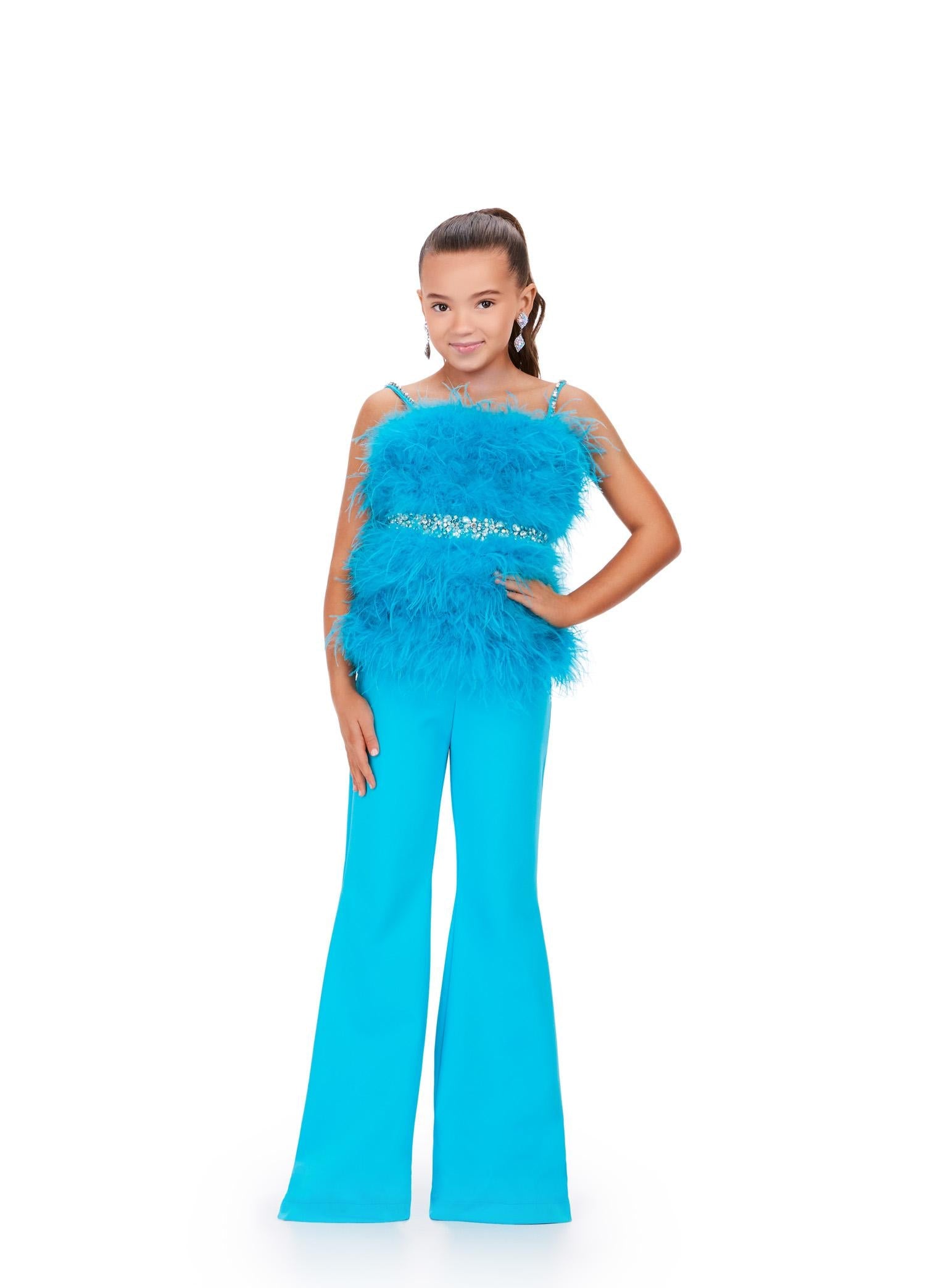 Turquoise ASHLEYlauren Kids 8211 Scuba Jumpsuit with Feather Bustier and Gem Belt