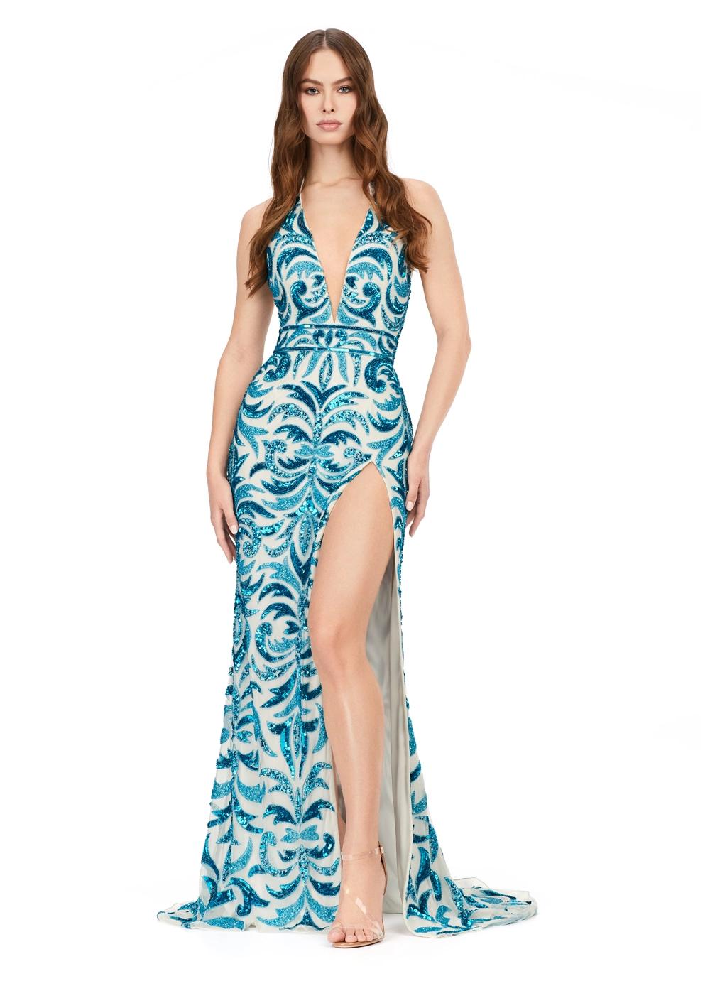 Turquoise/Ivory ASHLEYlauren 11283 halter gown featuring a V-neckline, open back, intricate beading throughout, and a left leg slit.