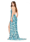 Back - Turquoise/Ivory ASHLEYlauren 11283 halter gown featuring a V-neckline, open back, intricate beading throughout, and a left leg slit.