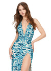 Turquoise/Ivory ASHLEYlauren 11283 halter gown featuring a V-neckline, open back, intricate beading throughout, and a left leg slit.