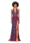 Turquoise/Red ASHLEYlauren 11283 halter gown featuring a V-neckline, open back, intricate beading throughout, and a left leg slit.