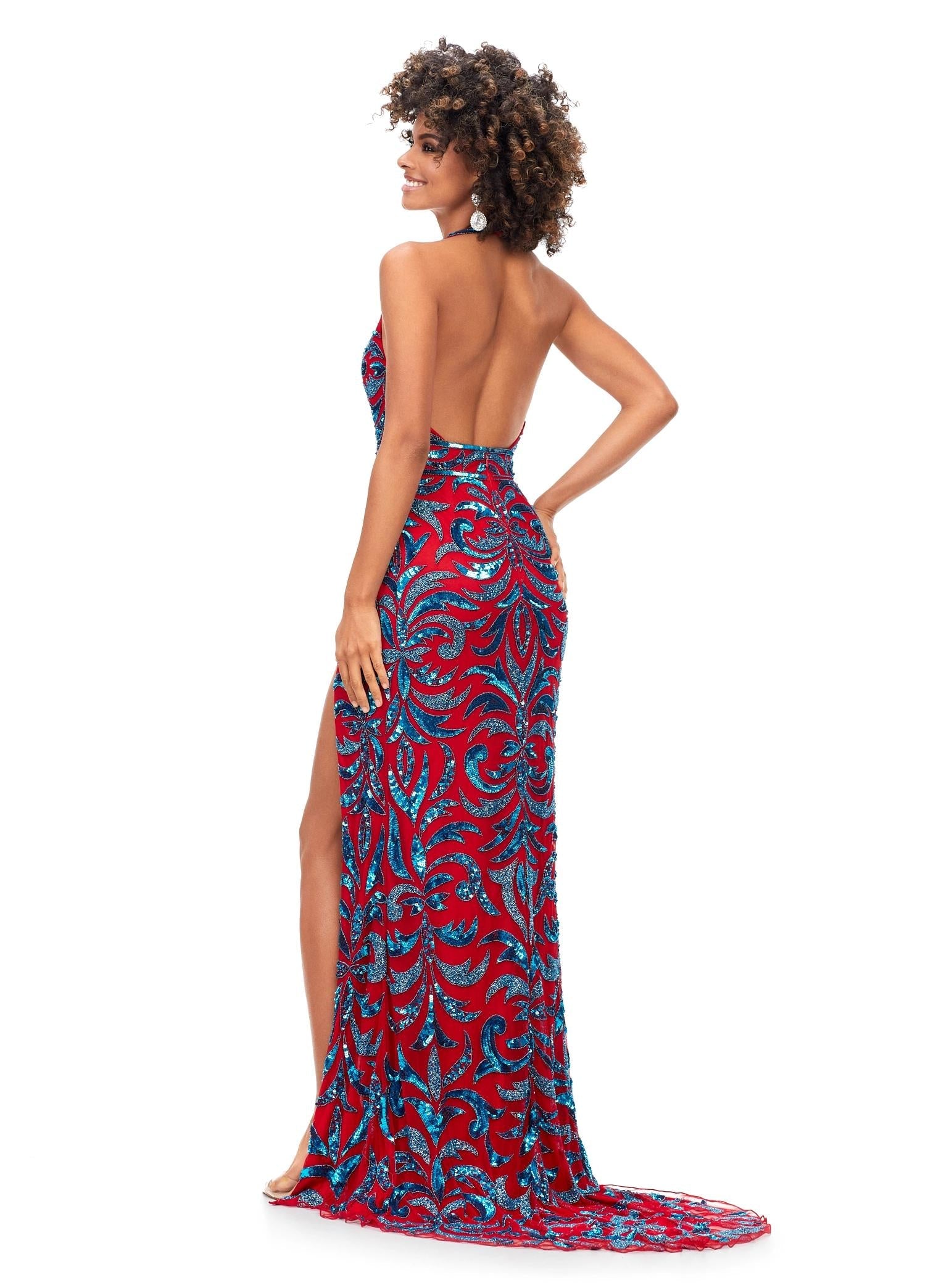 Back - Turquoise/Red ASHLEYlauren 11283 halter gown featuring a V-neckline, open back, intricate beading throughout, and a left leg slit.
