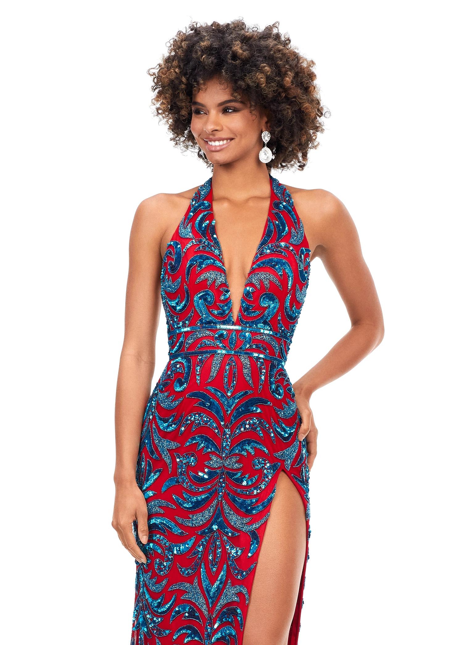 Turquoise/Red ASHLEYlauren 11283 halter gown featuring a V-neckline, open back, intricate beading throughout, and a left leg slit.