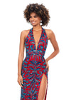 Turquoise/Red ASHLEYlauren 11283 halter gown featuring a V-neckline, open back, intricate beading throughout, and a left leg slit.