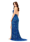 Back - Turquoise/Royal ASHLEYlauren 11283 halter gown featuring a V-neckline, open back, intricate beading throughout, and a left leg slit.