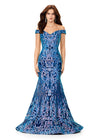 Turquoise/Royal ASHLEYlauren 11330 elegant off shoulder velvet sequin gown featuring a signature criss-cross back, a fitted silhouette, horsehair hem, and a sweep train for a sophisticated and glamorous look.