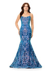 Turquoise/Royal ASHLEYlauren 11331 stunning velvet sequin gown featuring delicate spaghetti straps, a lace-up back for a perfect fit, intricately placed sequin appliques to complement your curves, and a sweep train for a glamorous and show-stopping entrance.