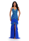 Turquoise/Royal ASHLEYlauren 11438 glamorous gown featuring a sweetheart illusion V-neckline, ornate bead pattern, striking V-back, tiered ruffle skirt, and a center slit with tulle details for an elegant and dramatic look.