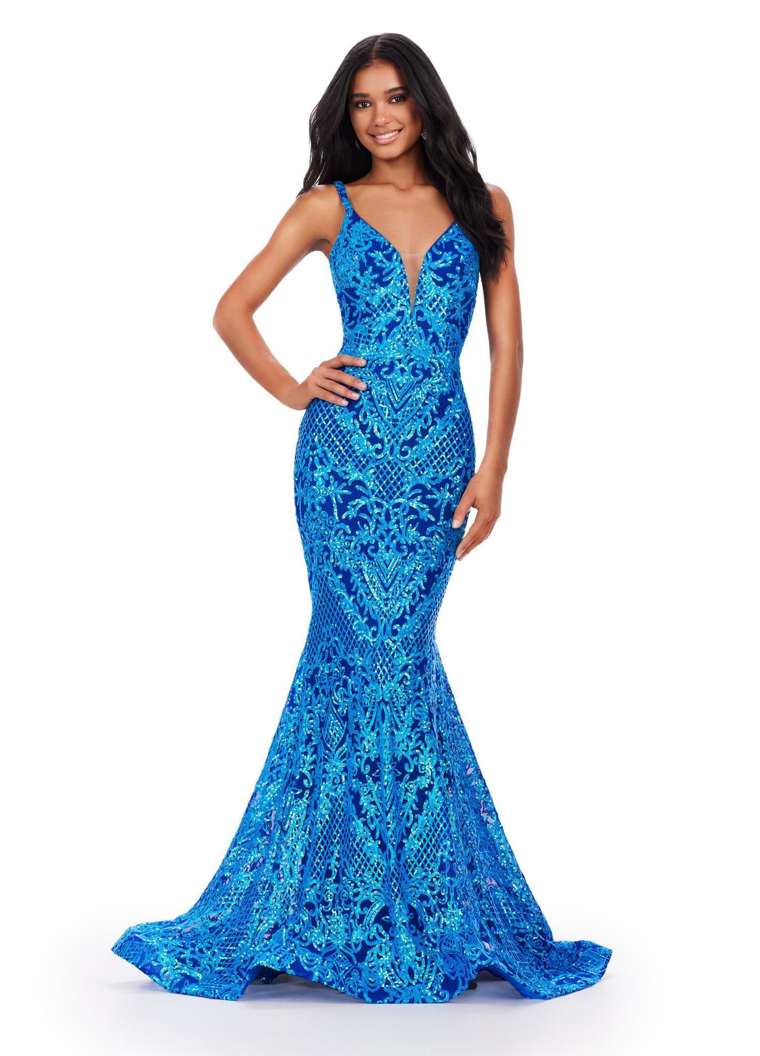Turquoise/Royal ASHLEYlauren 11466 fitted stretch sequin gown with V-neckline and deep V-back
