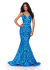 Turquoise/Royal ASHLEYlauren 11466 fitted stretch sequin gown with V-neckline and deep V-back