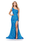Turquoise/Royal ASHLEYlauren 11471 one shoulder stretch sequin gown with illusion side cut out and left leg slit
