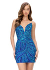 Turquoise/Royal ASHLEYlauren 4500 strapless gown featuring a plunging V-neckline, ornate sequin bead pattern, and striking V-back for a bold and glamorous look.