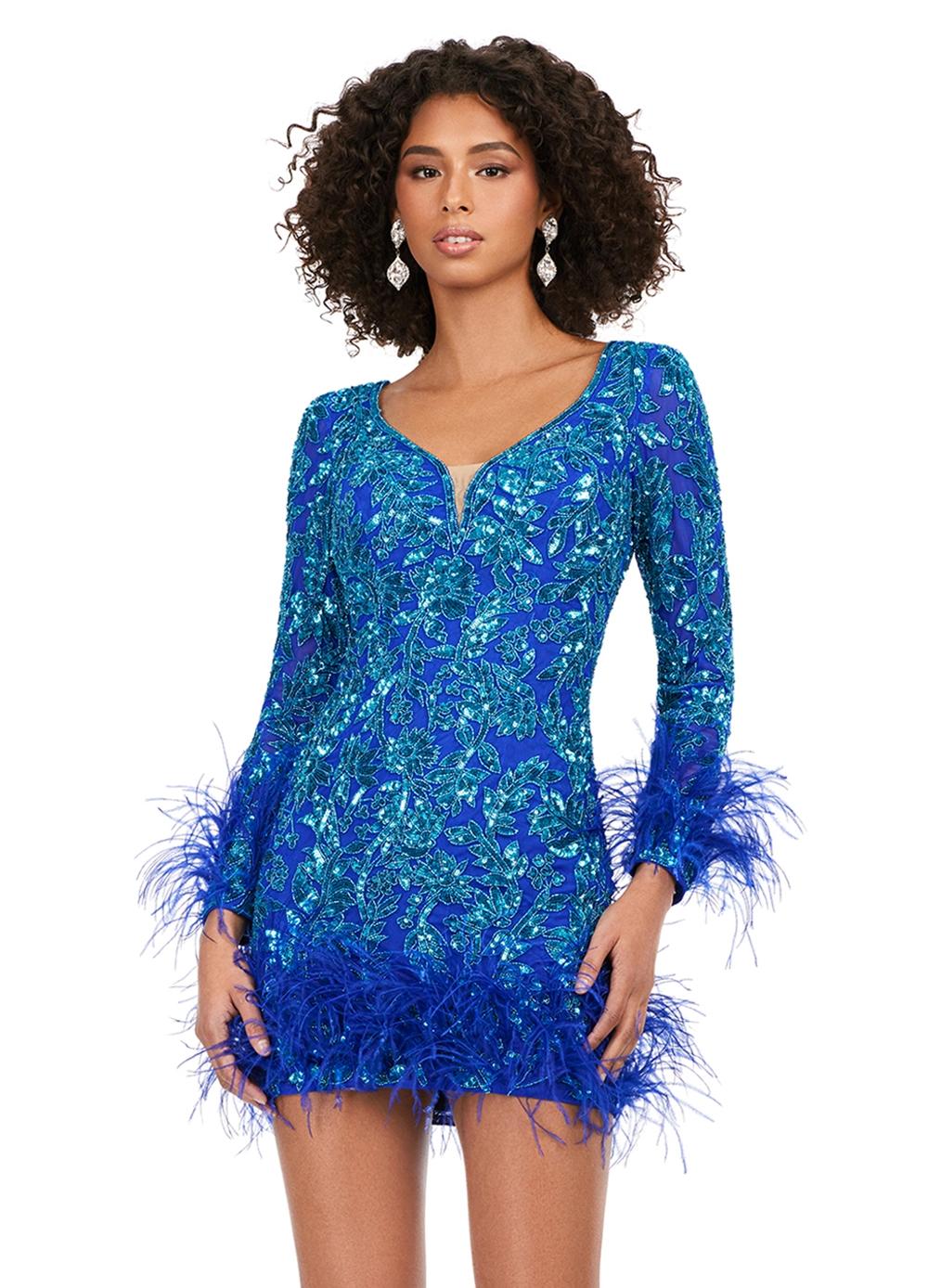 Turquoise/Royal ASHLEYlauren 4616 fully sequin cocktail dress featuring a V-neckline, open back, fitted skirt, and feather details along the skirt and sleeves for a luxurious and dramatic look.