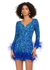 Turquoise/Royal ASHLEYlauren 4616 fully sequin cocktail dress featuring a V-neckline, open back, fitted skirt, and feather details along the skirt and sleeves for a luxurious and dramatic look.