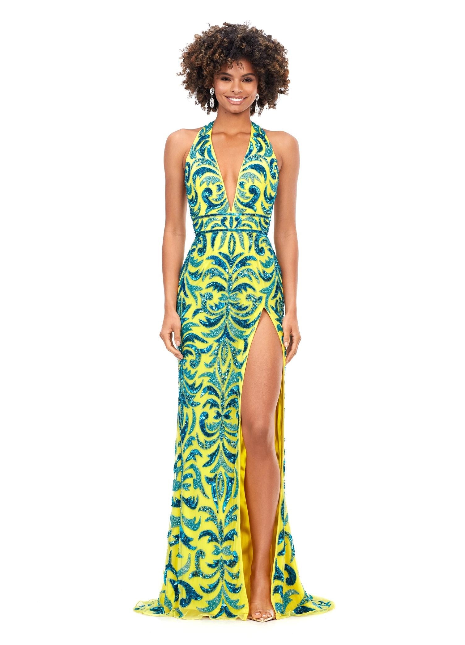 Turquoise/Yellow ASHLEYlauren 11283 halter gown featuring a V-neckline, open back, intricate beading throughout, and a left leg slit.