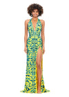 Turquoise/Yellow ASHLEYlauren 11283 halter gown featuring a V-neckline, open back, intricate beading throughout, and a left leg slit.